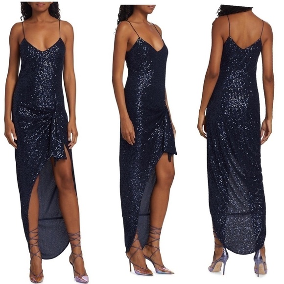 CAROLINE Constas Koren Sequined High Low Asymmetrical Knotted Evening Midi Dress - Picture 1 of 9